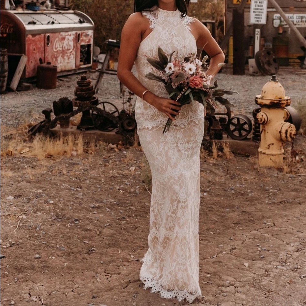 White/nude lace maxi dress